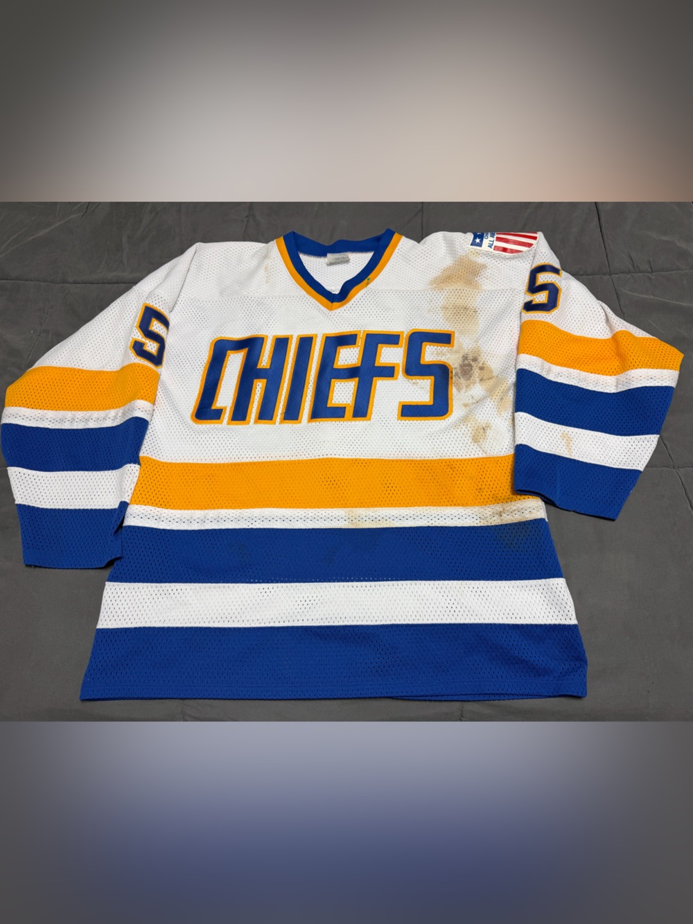 Vintage Hanson Brothers Slap Shot #5 Juicy Charlestown Chiefs Hockey Jersey SZ L